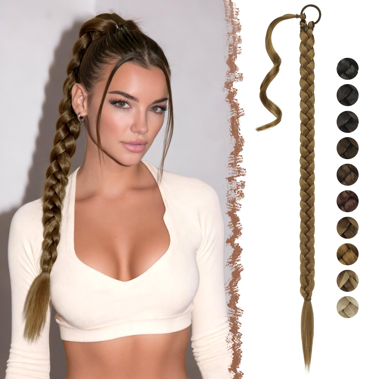 FESHFEN Extensiones de Pelo Coleta Trenzada, 85 cm Coleta Postiza de pelo Larga para Mujeres Envolvente Ponytail Extensiones de Cola de Caballo Castaño Claro Sintético para la Fiesta Diaria