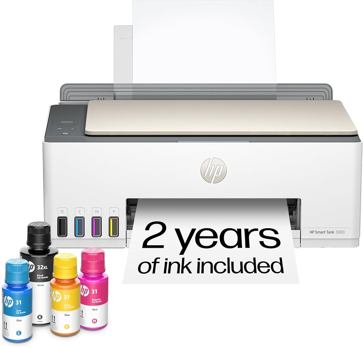 HP Smart Tank 5000 Wireless All-in-One Ink Tank Printer, Scanner, Copier with 2 years of ink included, Best-for-home, Refillable, AI-enabled (5D1B6A) : Office Products