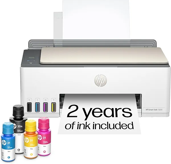 HP Smart Tank 5000 Wireless All-in-One Ink Tank Printer, Scanner, Copier with 2 years of ink included, Best-for-home, Refillable, AI-enabled (5D1B6A)