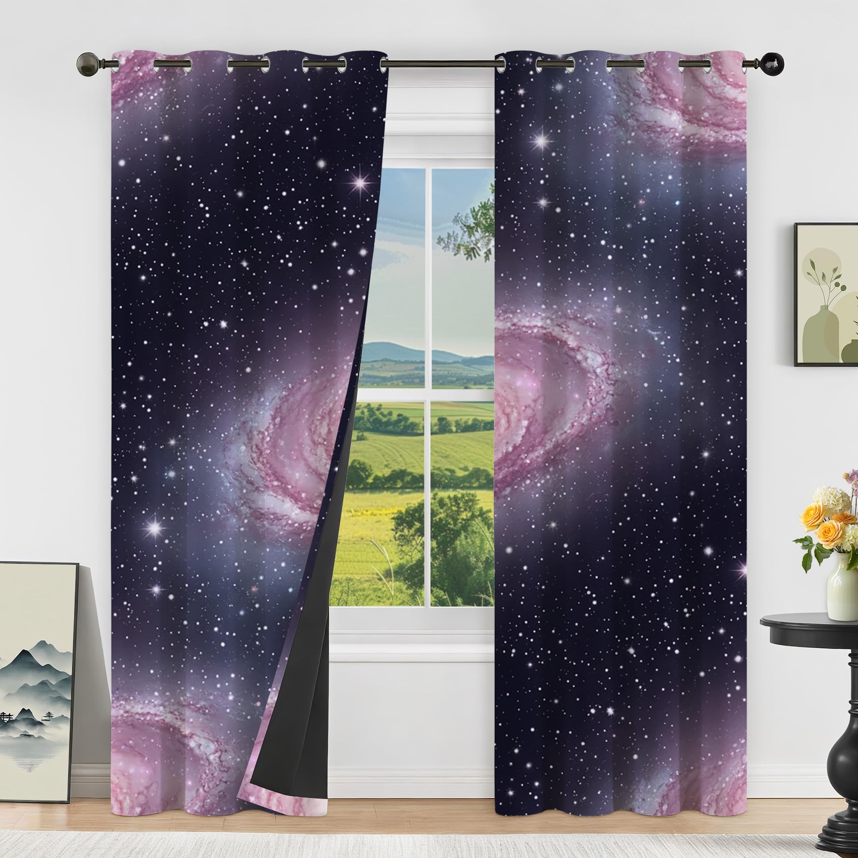 Galaxy Vorhänge Wohnzimmer Blickdichte Sternenhimmel Weltall Motiv Gardinen mit ösen Thermo Vorhang Gegen Kälte Verdunklungsvorhänge für Schlafzimmer Fenster 2er Set H 137 x B 117 cm