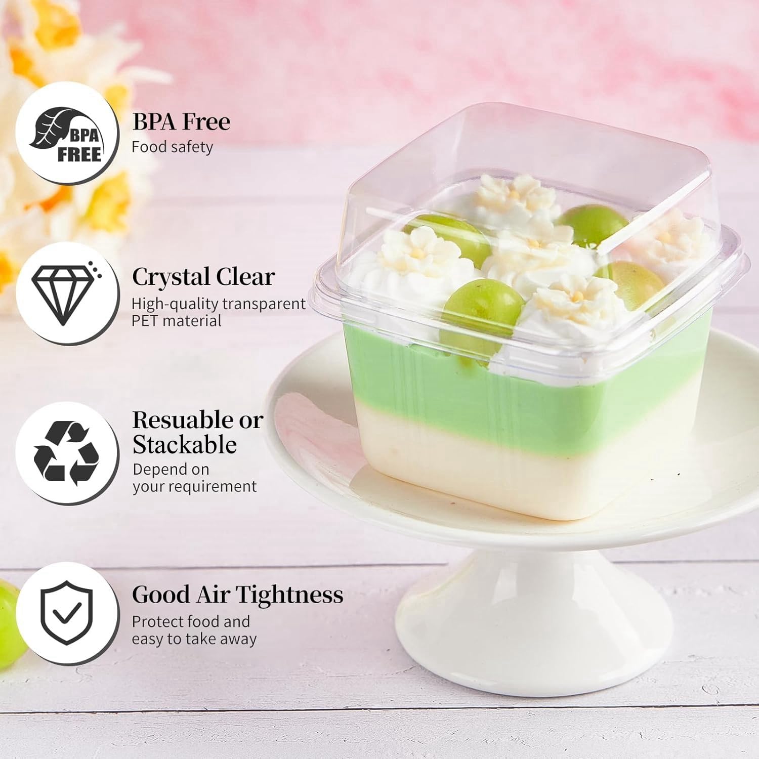 LATERN 50 Pezzi Tazze da Dessert in Plastica con Coperchi, 240ml /8oz Coppe da Dessert Quadrate Scatole di Antipasto Semifreddo Trasparente Ciotola da Portata Riutilizzabile con Forchette per Festa