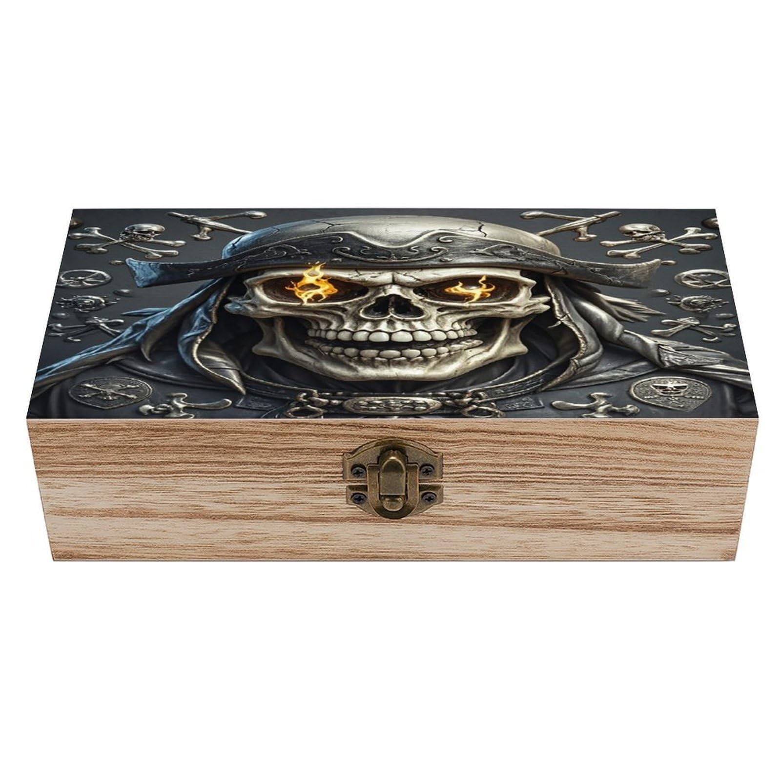 VstaDank Pirate Skull Wooden Box Sturdy Vintage Storage Box with Hinged Lid Exquisite Wood Keepsake Boxes Large Jewelry Case Cute Trinket Holder Unique Gift for Men & Women