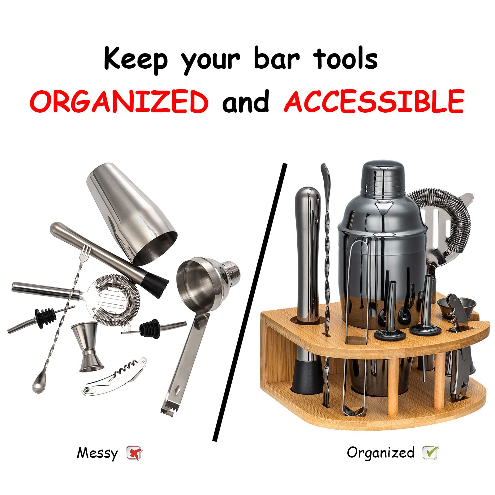 Juego de coctelera negra con soporte de bambú | Hermoso juego de barra negra para bar en el hogar. Kit de bar perfecto juego de herramientas y accesorios de barra para increíble mezcla de bebidas