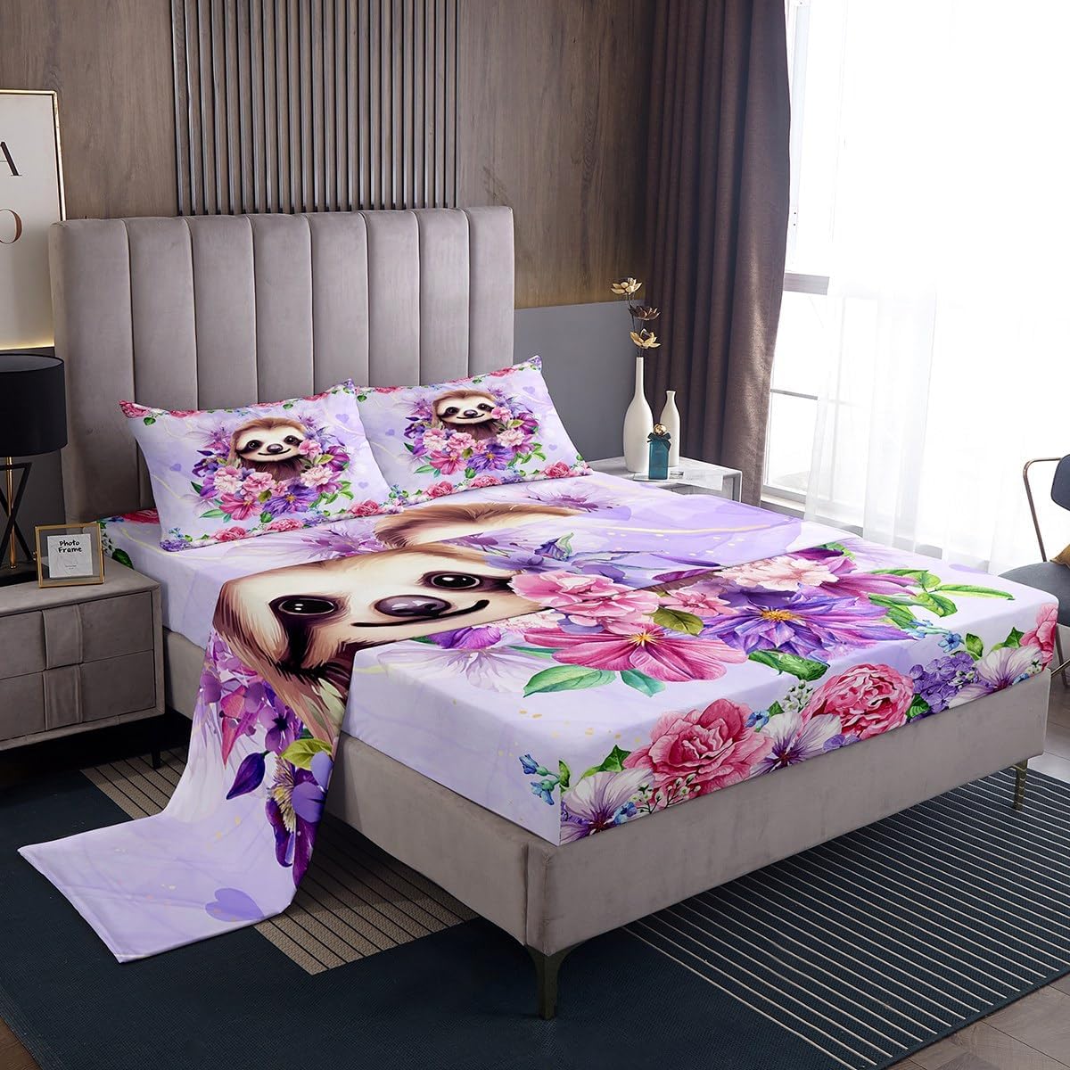 Castle Fairy Cute Sloth Sheet Set Queen Size Watercolor Floral Bedding Set 4Pcs Lovely Jungle Animal Bed Sheet for Kids Teens Room Decor Kawaii Brown Sloth Fitted + Flat Sheet,2 Pillowcases