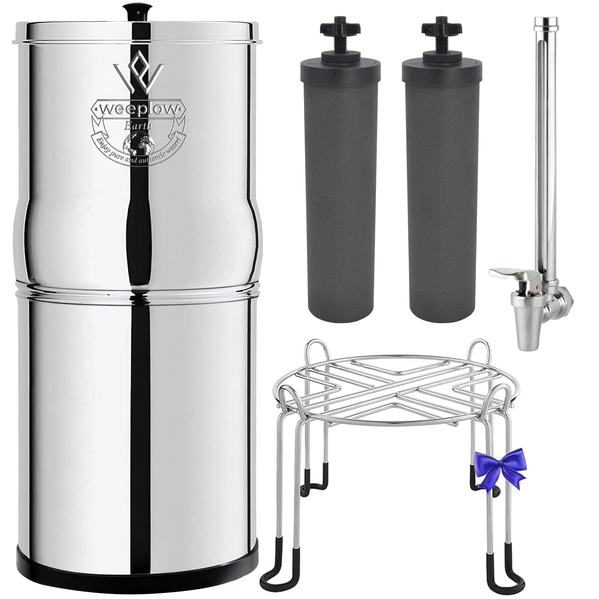 Weeplow® Earth - Système de Filtration d'Eau par Gravité 8,5 Litres AISI 304 avec 2 Eléments de Purification O'Pure 2, Robinet avec Niveau d'Eau et Support Inox Offert