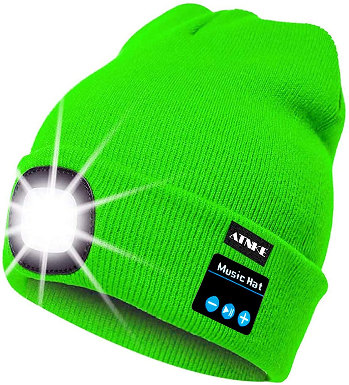 Atnke Women's Green Led Lighted Bluetooth Beanie Cap, Usb Rechargeable Wireless Musical Running Hat Ultra Bright 4 Led Light Lamp Use For Skiing Hiking Camping Cycling/Fluorescent