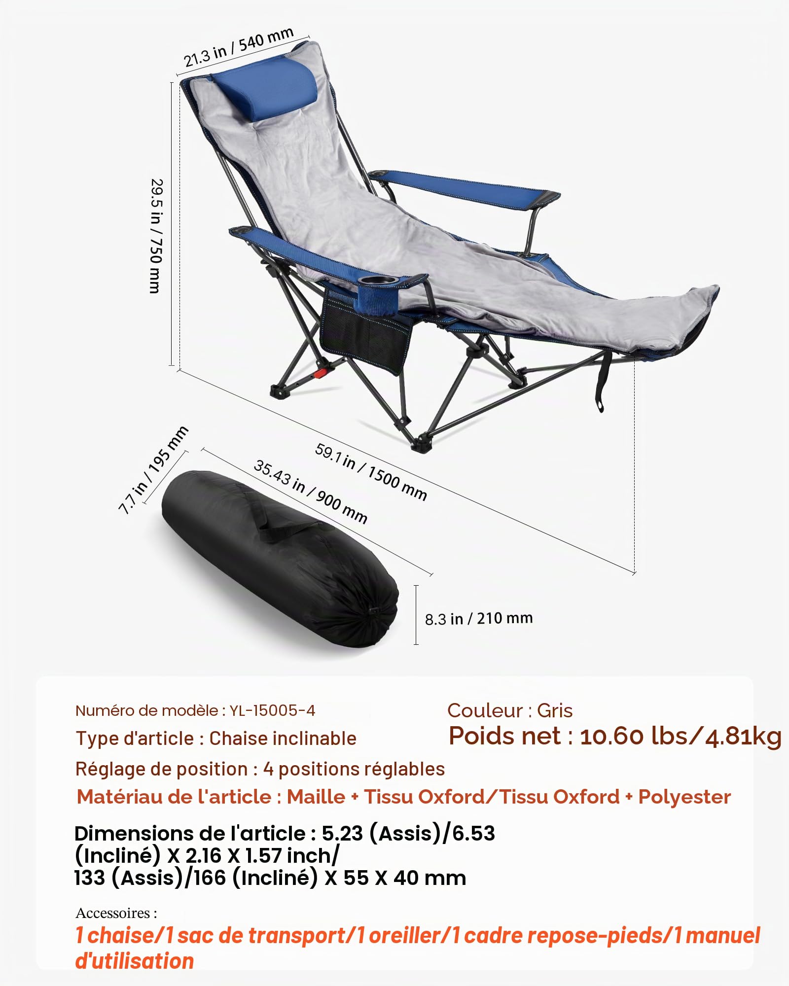VEVOR Chaise de Camping Pliante, 4 Positions Réglables, Chaise Longue Inclinable Portable pour Adultes, avec Repose-Pieds, Coussin Moelleux, Charge 100 kg, Tissu en Maille, pour Plage, Terrasse, Bleu