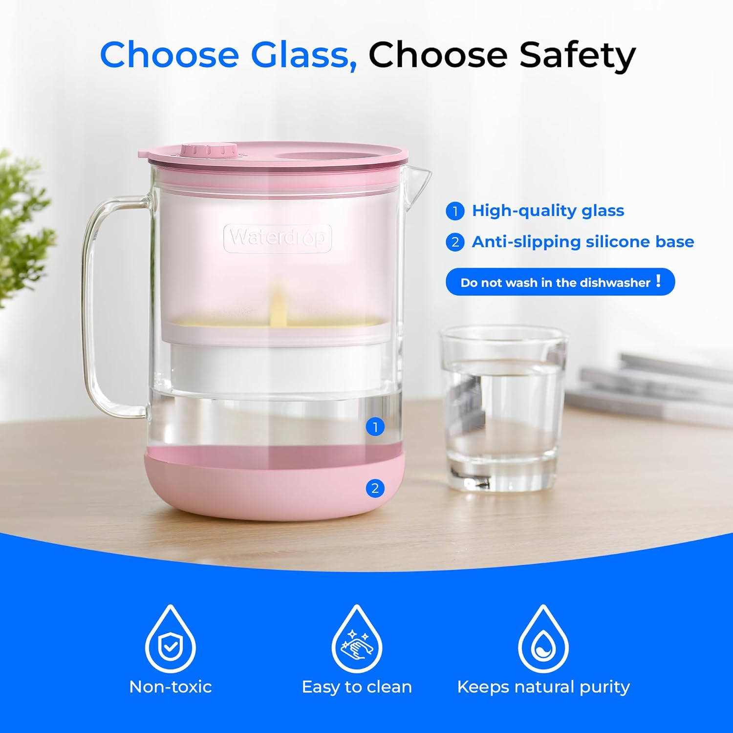 Waterdrop Glass Water Filter Pitcher with 1 Filter, Eco-Friendly, with NSF 53&42&372 Certified Filter, 7-Cup, Reduces PFOA/PFOS, Chlorine, Cadmium, Copper, Mercury, BPA Free, Easy to Clean, Pink - Image 2