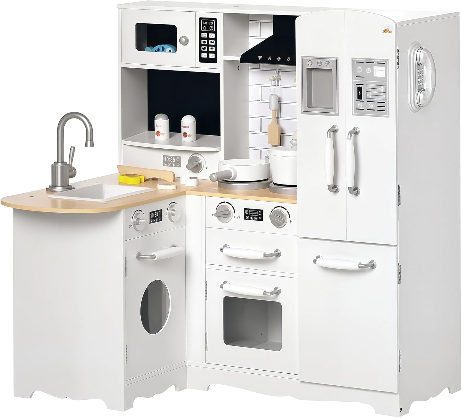 Qaba Pretend Play Corner Kitchen, Interactive Wooden Kids Play Kitchen w/Realistic Sounds, Telephone, Refrigerator, Oven, Microwave, Gift for Toddlers Aged 3+