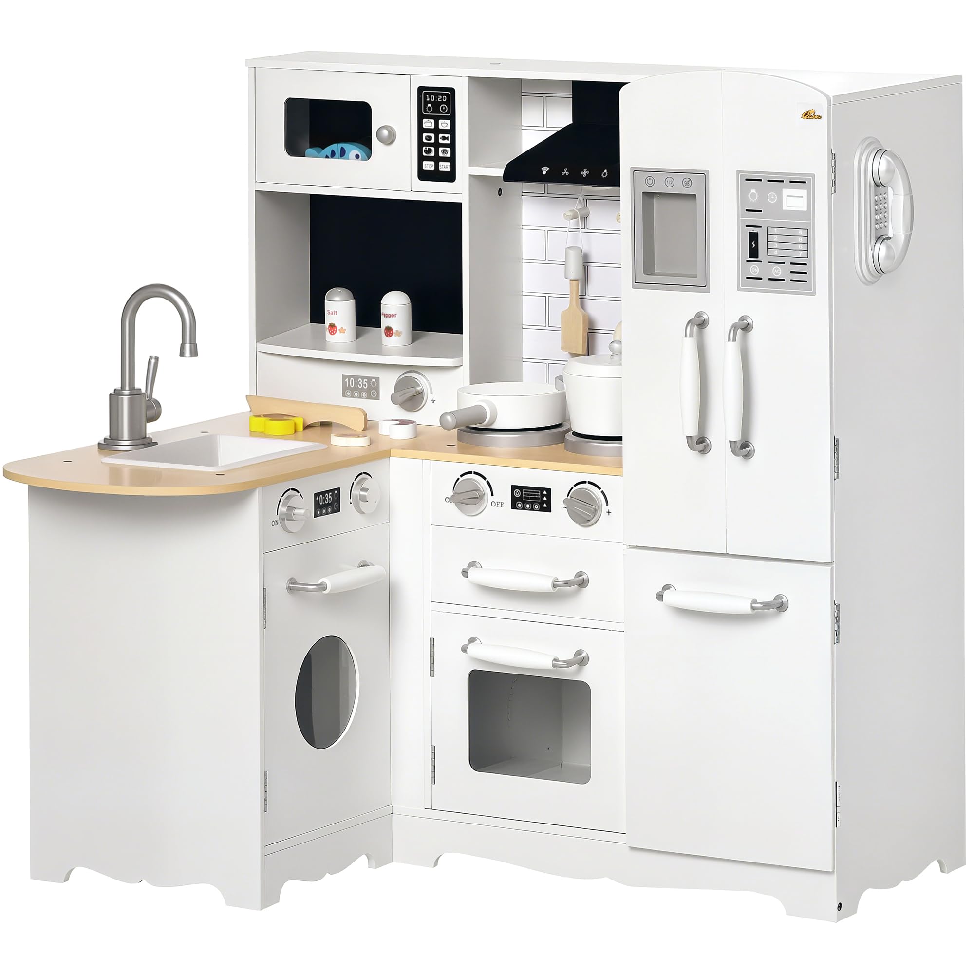 Qaba Pretend Play Corner Kitchen, Interactive Wooden Kids Play Kitchen w/Realistic Sounds, Telephone, Refrigerator, Oven, Microwave, Gift for Toddlers