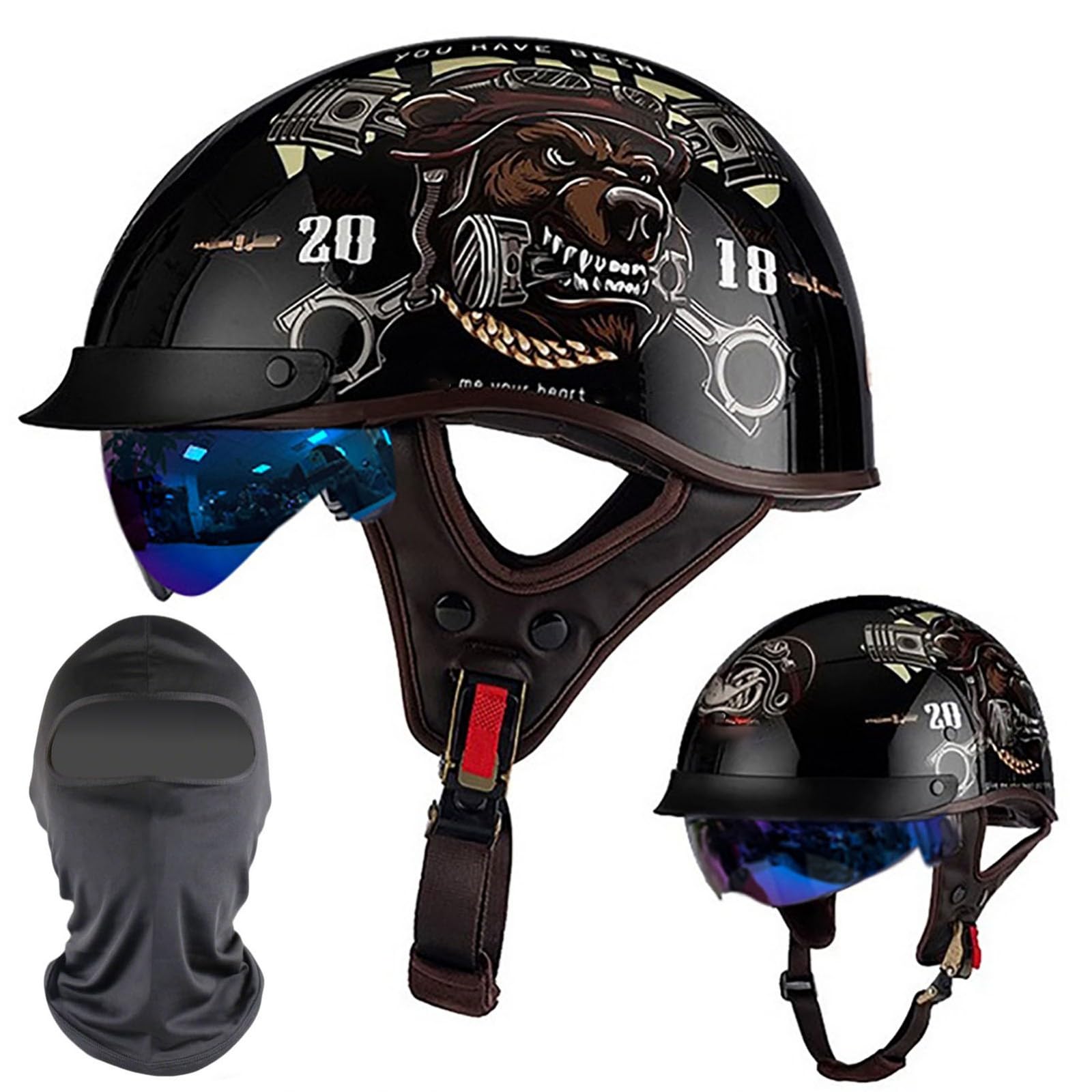 XYYYM Vintage Motorcycle Half Helmet, Half Face Motorbike Open Face Helmet, DOT/ECE Approved Men Women Bike Crash Scooter Moped Helmet, 54-63cm