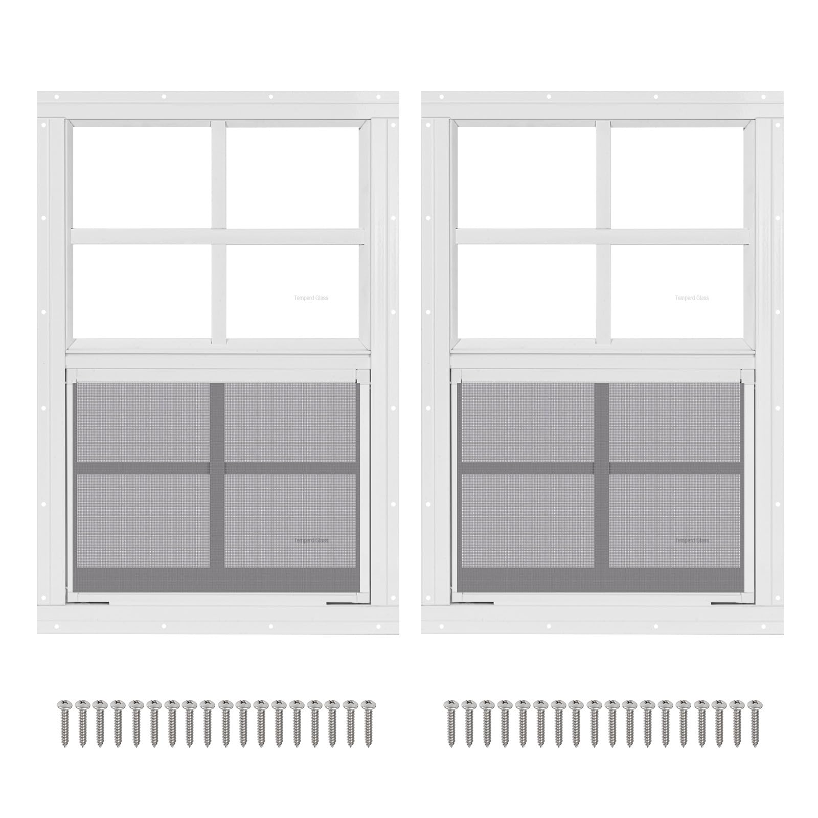 Paquete de 2 ventanas correderas blancas de 14 x 21 pulgadas con vidrio templado y pantalla de fibra de vidrio con tornillos para cobertizo, gallinero, casa de juegos, garaje y graneros