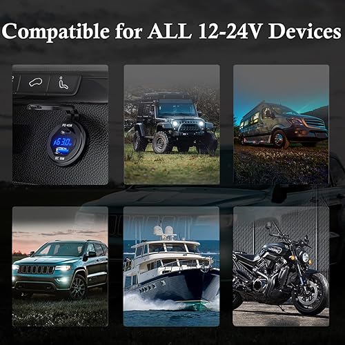 Miniatura 8 de BATIGE PD - Cargador rápido USB C de 45 W de 18 W, enchufe de cargador USB 3.0 impermeable con interruptor, voltímetro LED y fusible de cable, kit