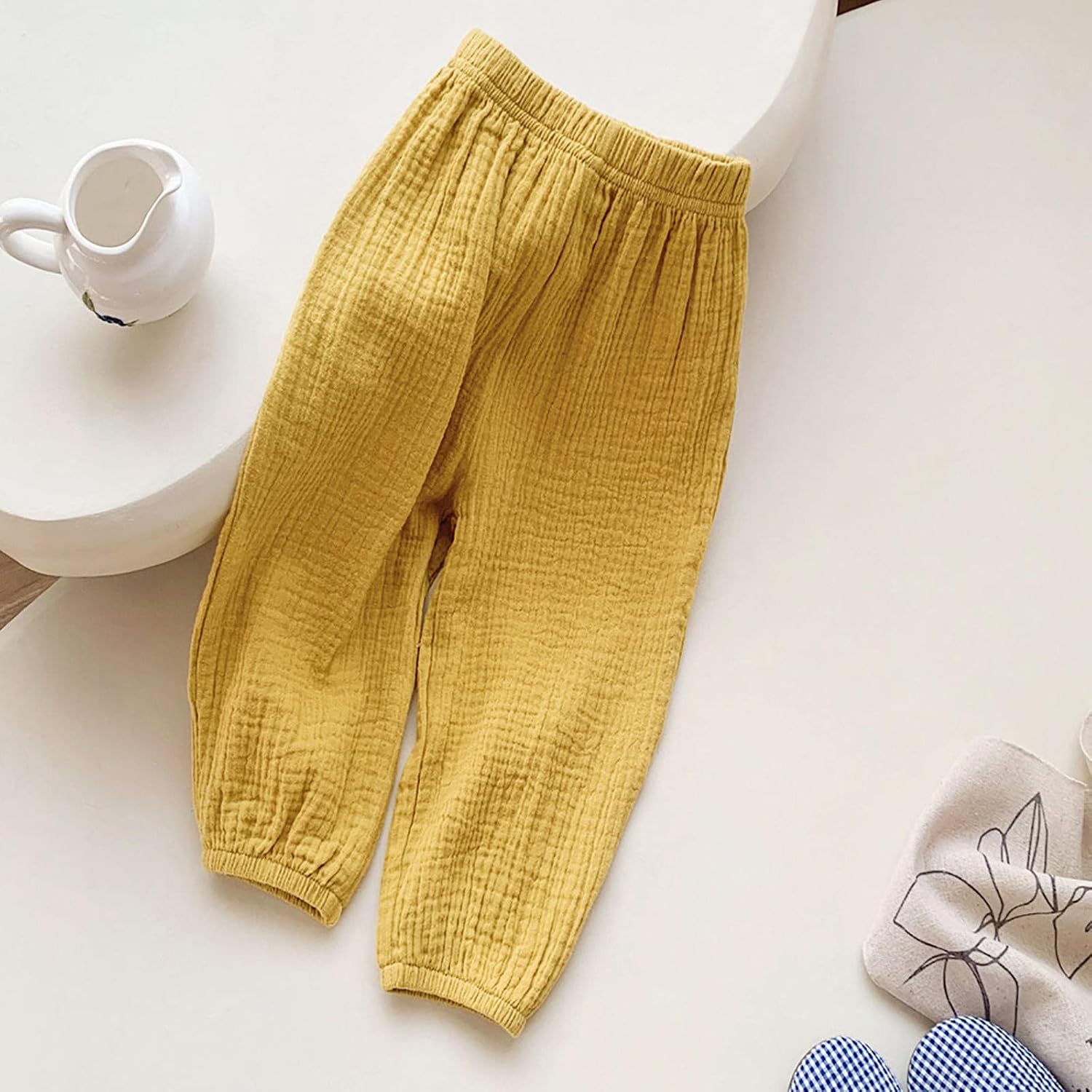 Girls Muslin Cotton Linen Pants Elastic Waist Loose Fit Joggers Comfortable Casual Trousers with Cuffed Ankle 2026