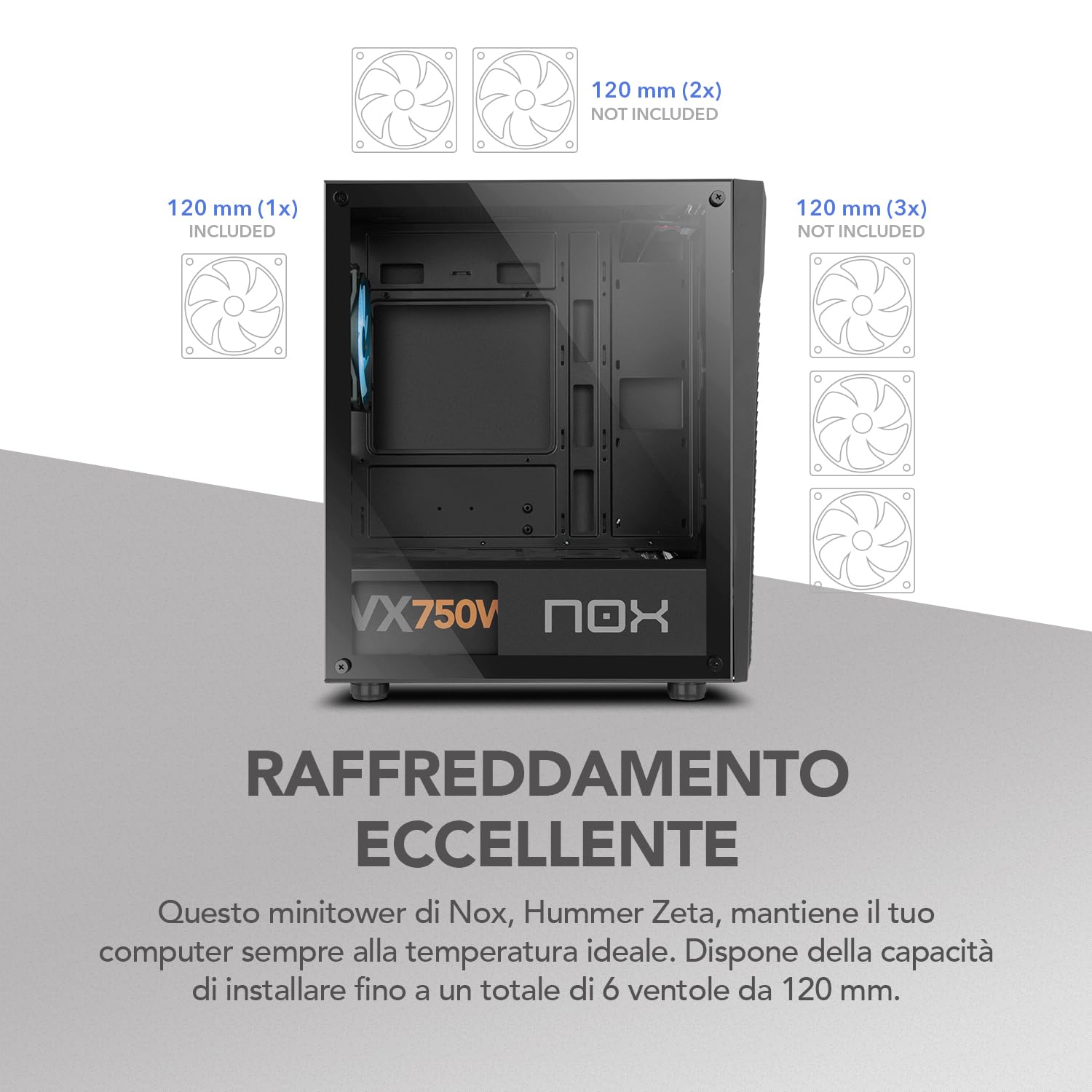 NOX XTREME PRODUCTS INFINITY ZETA - Mini Tower M-ATX/ITX ARGB Rainbow Dynamic, pannello laterale in vetro temperato, spazio per 6 ventole, compatibilità schede grafiche fino a 310 mm, USB 3.0, nero