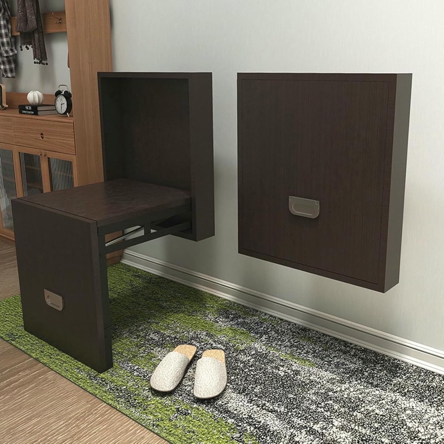 Wood Wall Mounted Seat, Fold Down and Up Foldable Shoe Bench, Entryway Shoe Changing Stool, Invisible Folding Chair for Hallway