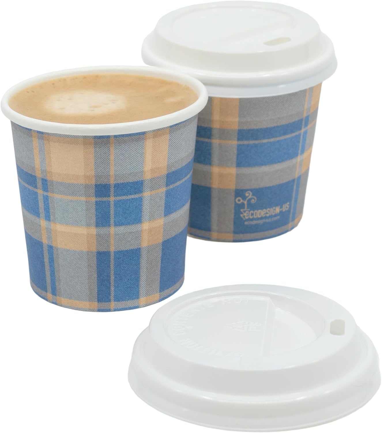 Disposable Espresso Cups with Lids - 4 Oz - 50 Sets - Blue Tartan Print - Small To Go Paper Cups with Tops for Home Office or Party - Image 7