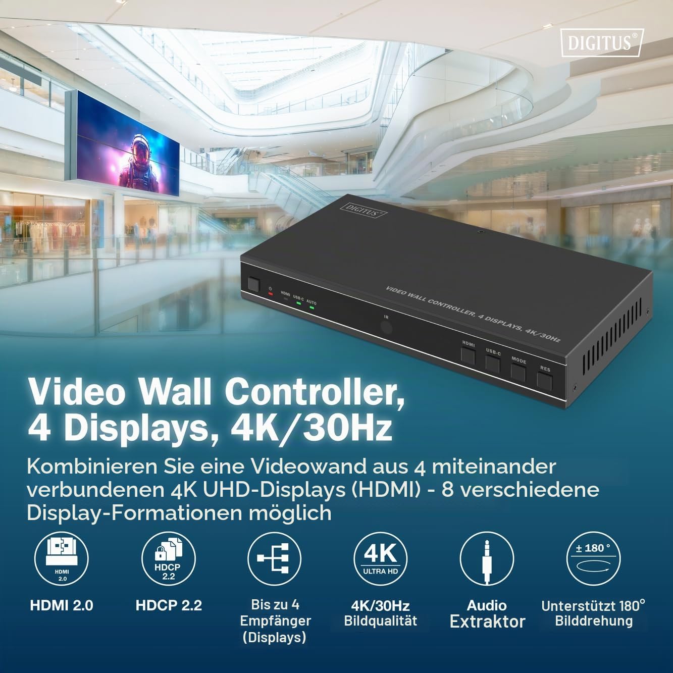 DIGITUS HDMI Video Wall Controller – Ausgang 4X HDMI UHD 4k 30Hz | Eingang HDMI / USB-C – 8 Display-Modi – mit Fernbedienung – Display-Modi 1x1, 2x1, 3x1, 4x1, 1x2, 1x3, 1x4, 2x2