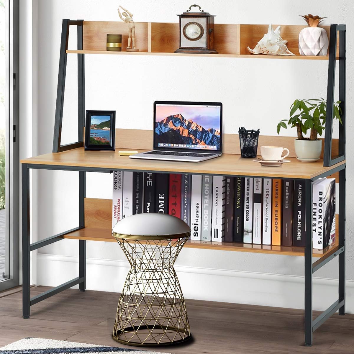 MELLCOM Industrial Computer Writing Desk, Large Writing Desk for Home Office, Computer Desk with 2 Adjustable Storage Shelves on Left or Right Side and 2 Headset Hooks (55 Inch, Walnut)