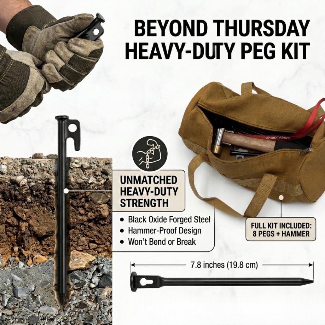 Marteau de camping pour tente de camping, tête en acier de haute qualité et poignée en bois massif avec poignée rembourrée, marteau de tente avec sangle de sécurité, maillet robuste (cuivre + kit de 8