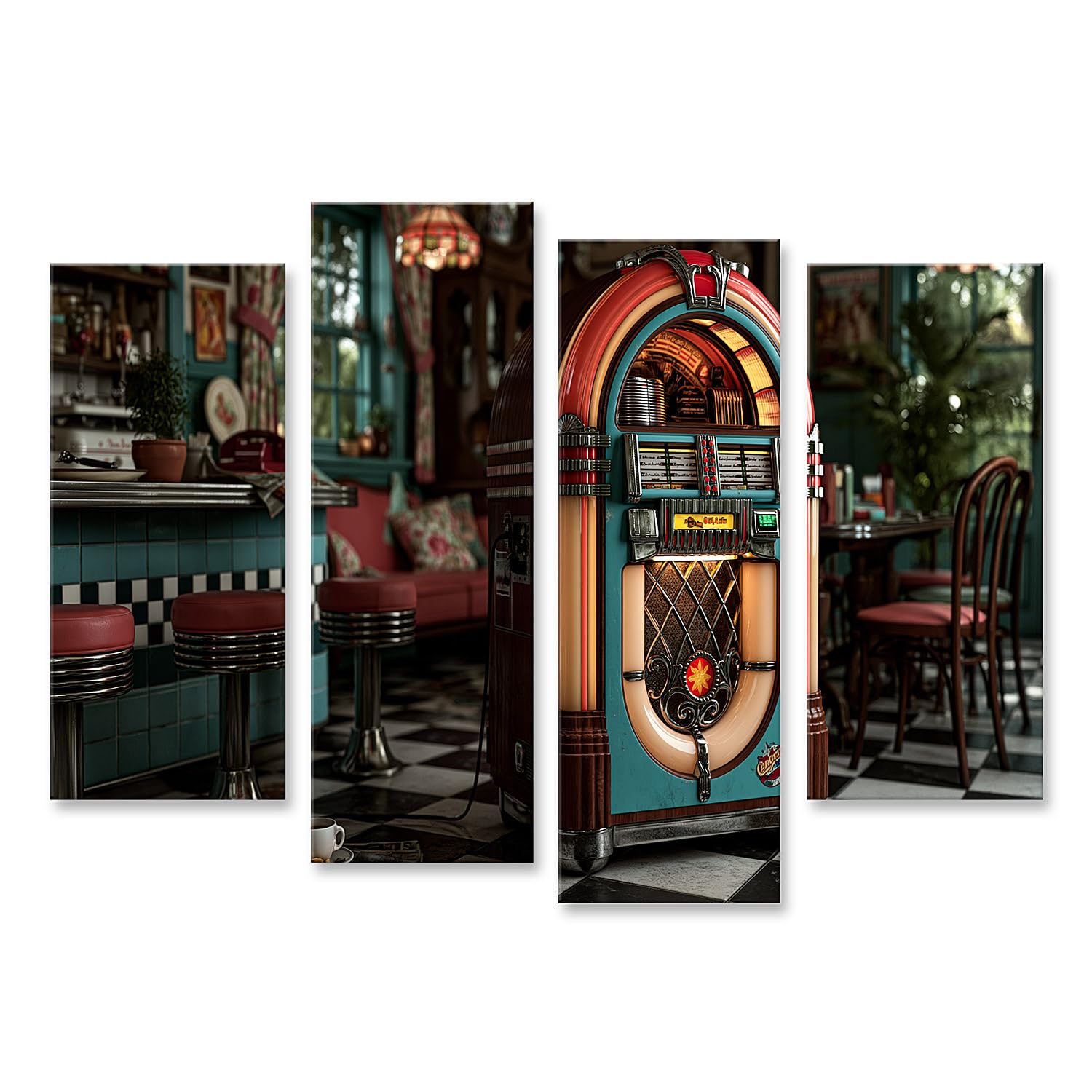 islandburner Quadro su tela, motivo: Jukebox in stile retrò, per soggiorno, perfetto per gli amanti della musica, 4 pezzi, edizione N2