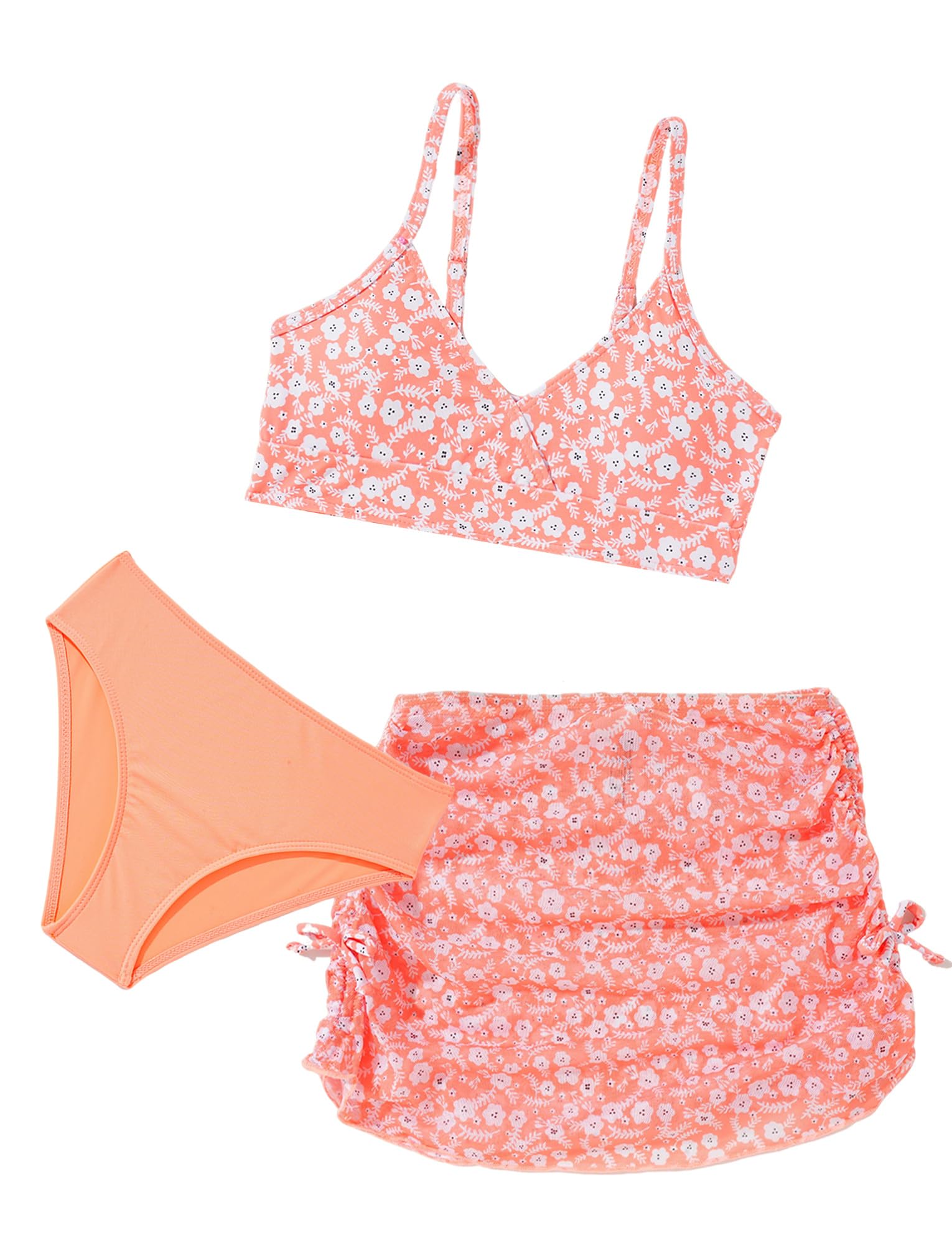 Maeau Grils - Costume da bagno estivo con motivo floreale, 3 pezzi, reggiseno imbottito, set bikini con coulisse in rete, costumi da bagno da spiaggia