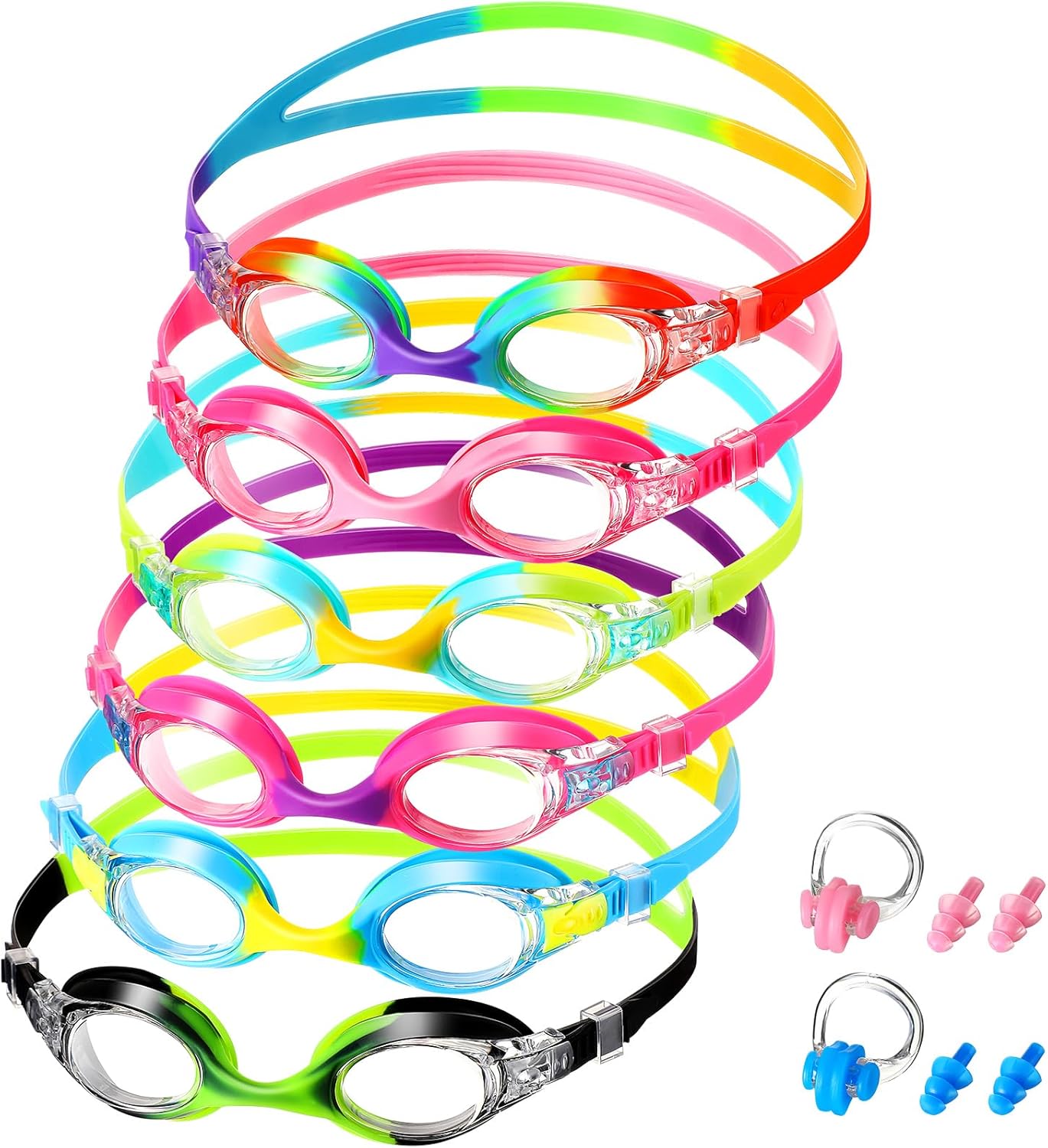 Macarrie 6 Pcs Kids Swim Goggles No Leaking Anti Fog Swimming Goggles for Kids Boys Girls with Nose Clip Earplugs, Age 3-14