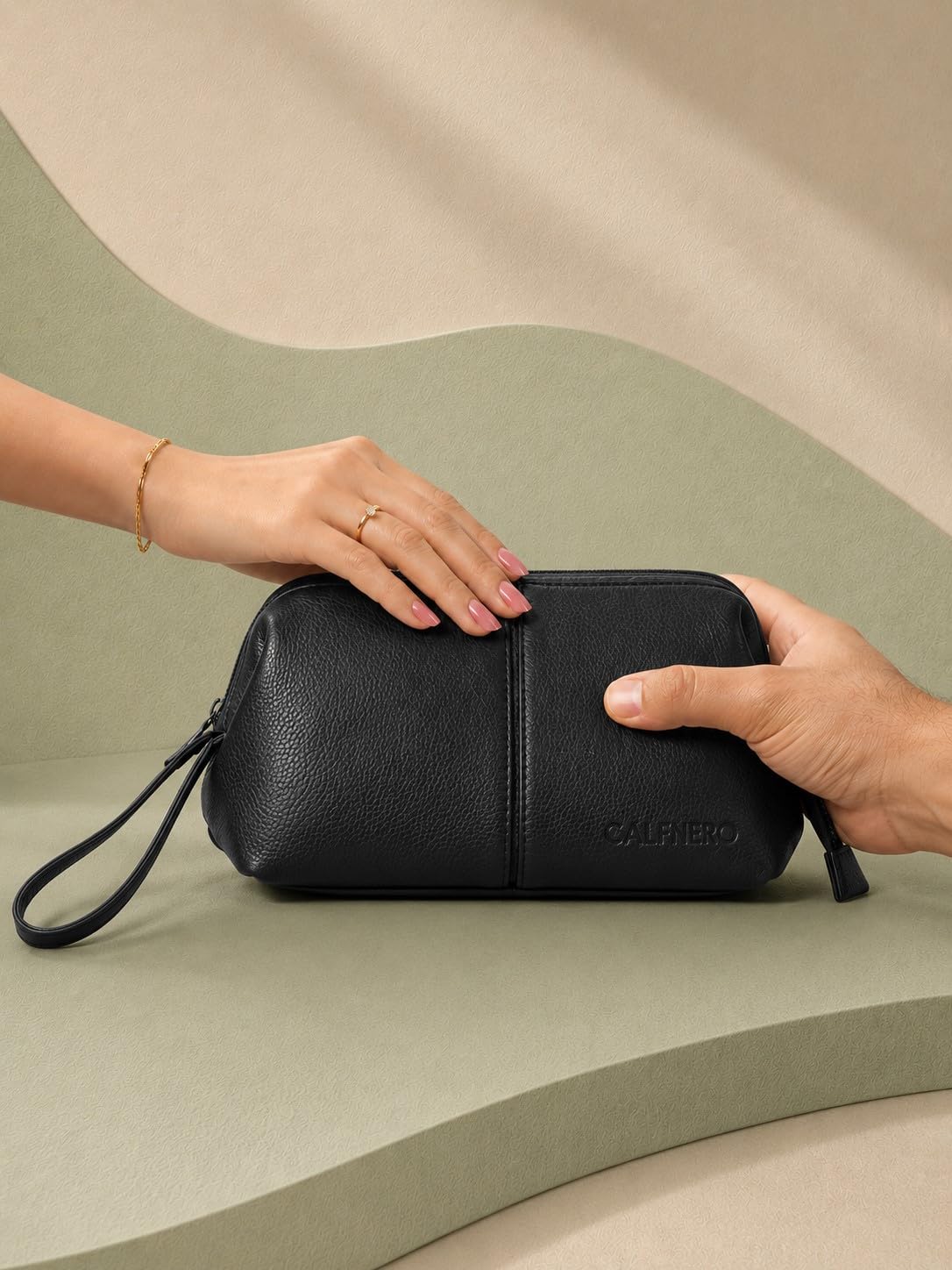Calfnero Trousse de toilette en cuir véritable - Trousse de rasage et kit de toilettage pour voyage - Cadeau pour homme et femme - Trousse de maquillage pour salle de bain - Noir - Taille unique