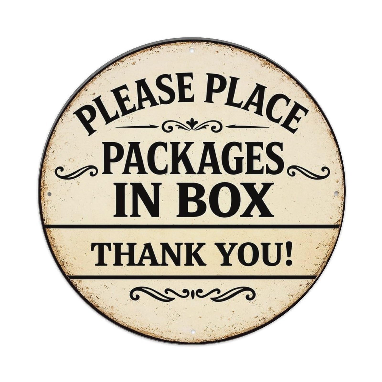 Please Place Packages In Box Thank You Vintage Round Tin Sign Retro Metal Wall Decor Metal Poster, Home Bar Garage Cafe Wall Art Decoration 8x8Inches