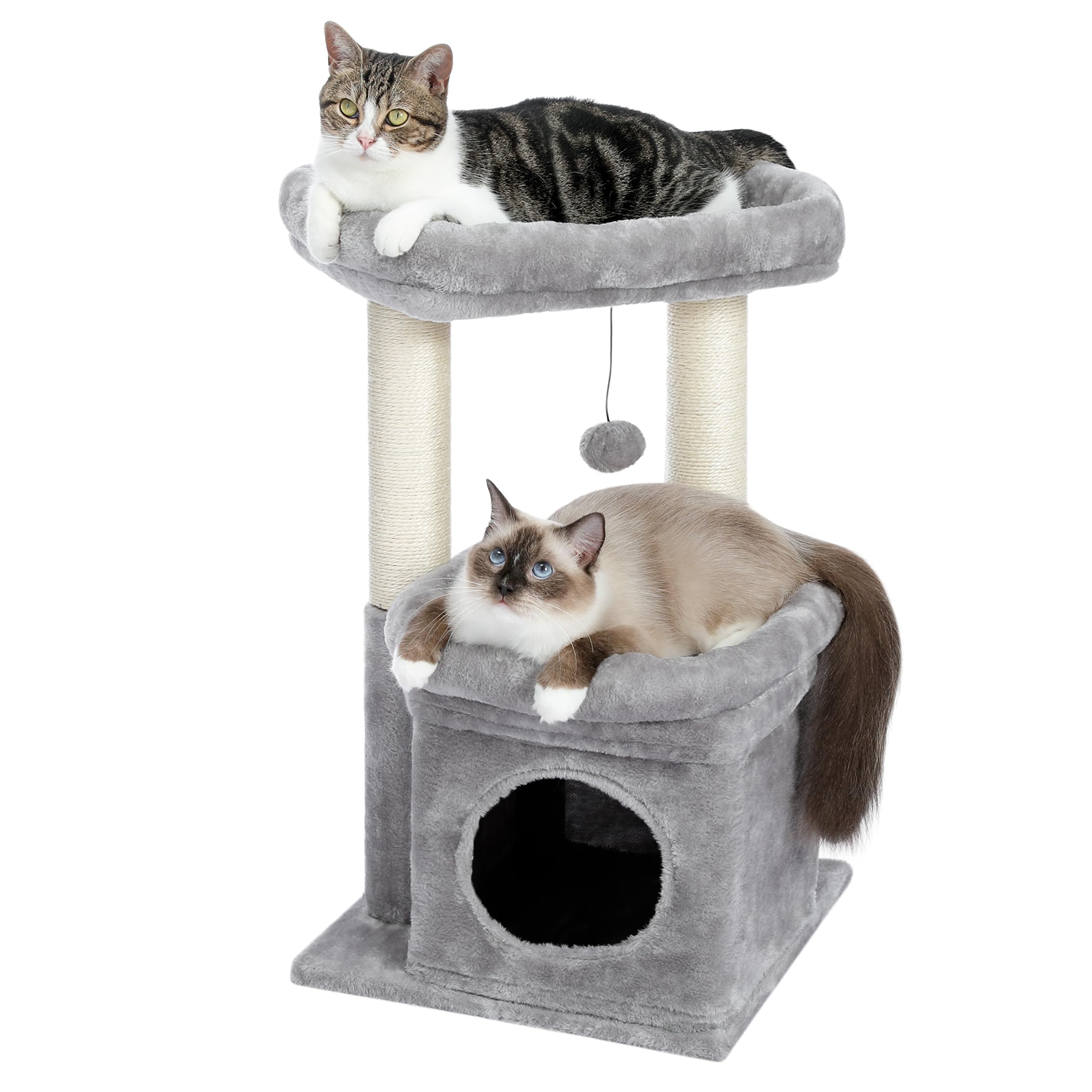PAWZ Road Kleiner Katzenbaum, mehrstöckiger Katzenturm mit Sisal-überzogenem Kratzbaum, gemütlicher Katzenwohnung und großer Katzensitzstange für Hauskatzen, Grau