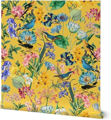 Spoonflower Papel tapiz extraíble de 3 x 2 pies, selva tropical, amarillo, dibujado a mano, pájaros tropicales botánicos, papel tapiz prepegado