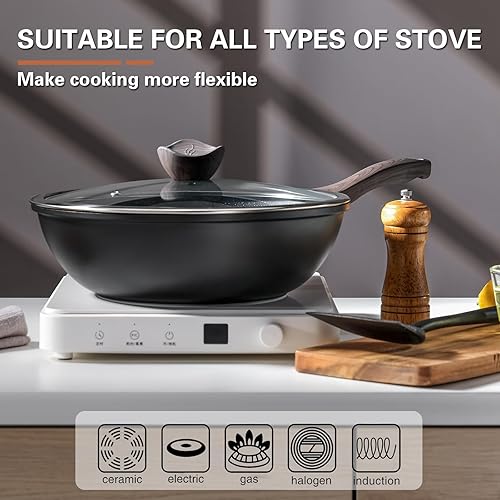 Miniatura 2 de Kordisen Wok antiadherente con tapa, woks y sartenes de 12 pulgadas, revestimiento de piedra de granito para cocinar, utensilios de cocina de