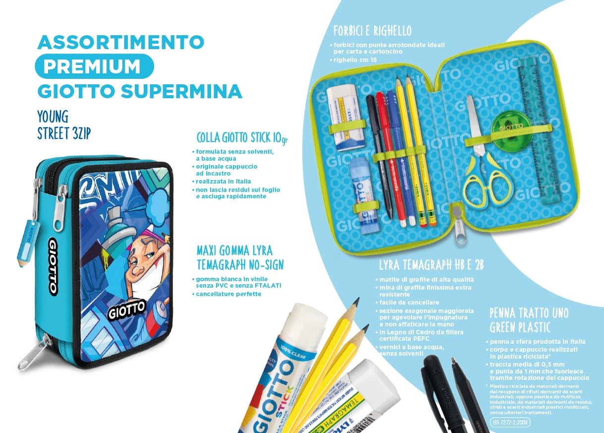 Giotto Astuccio Supermina 3 Zip Young Street Art, AZZURRO