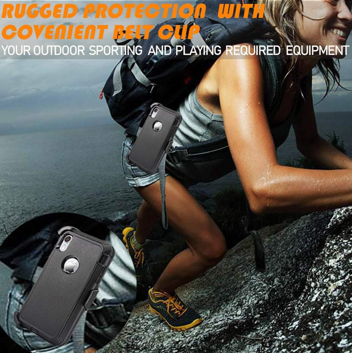 Stroson for iPhone XR Case with Built in Screen Protector Heavy Duty Shockproof Full Body 3 in 1 Rugged Bumper for Women Man Protective Cover Phone Case for iPhone XR 6.1” (Holster & Black)