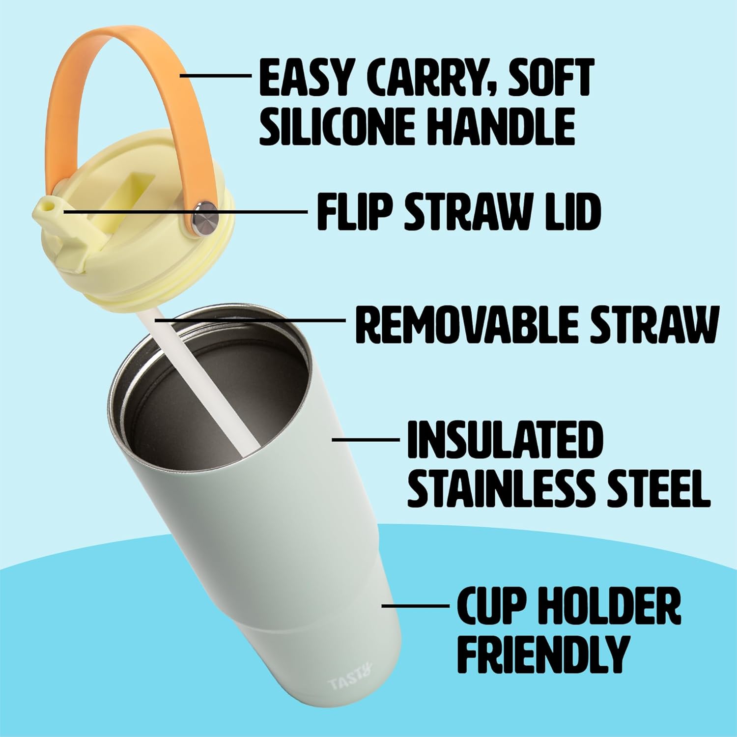 Tasty 30oz Insulated Travel Tumbler, Leak-Proof Water Bottle, Double-Wall Stainless Steel Flask with Flip Straw Lid,Cup Holder Compatible with Easy Carry Handle, Aqua - Image 3