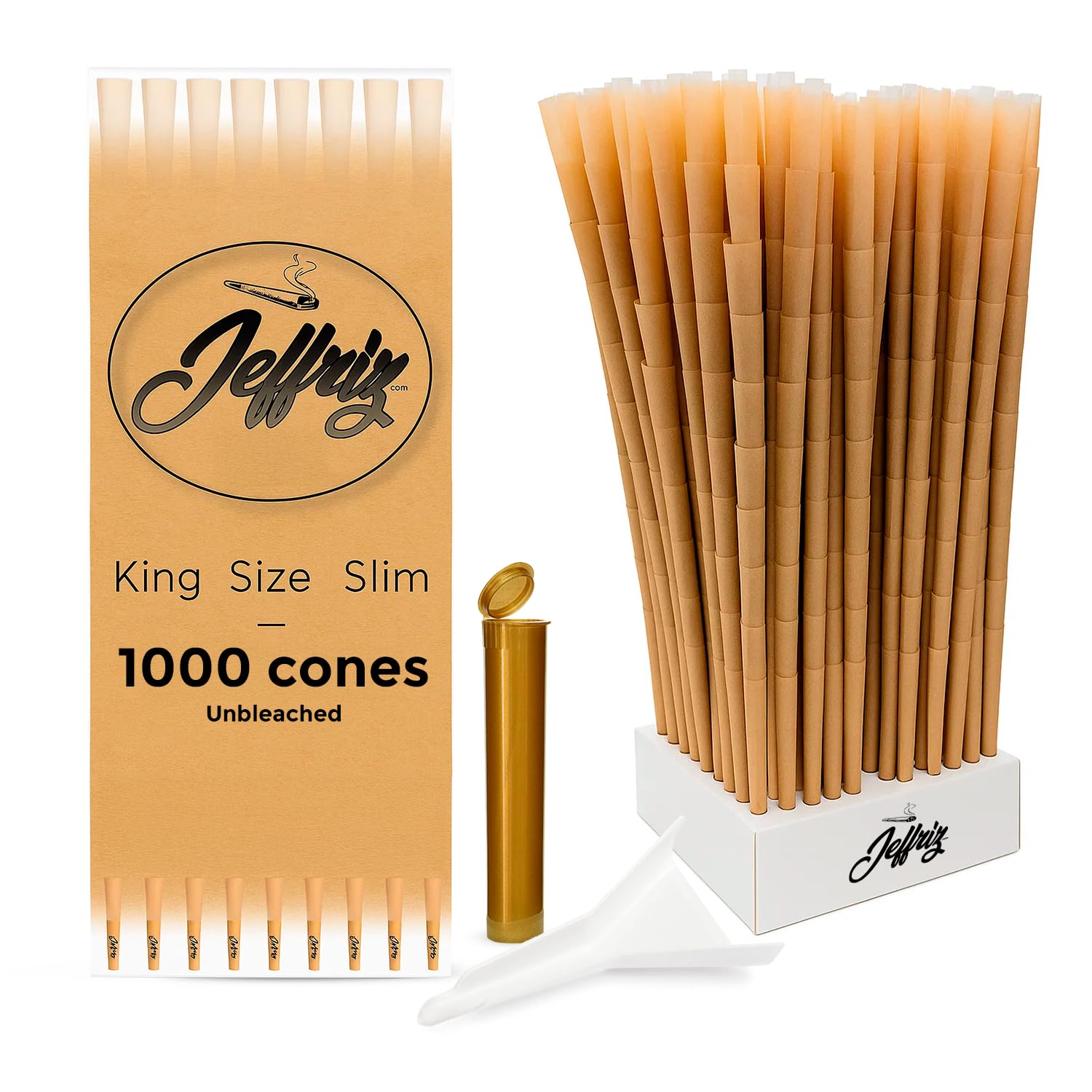 Conos Pre-Enrollados King Size Slim – Pack 1000 | Jeffriz | Papel Natural Para Fumar sin Blanquear 110mm con Filtros | Combustión Lenta | Embudo y Tubo Hermético Anti-Olor Incluidos | Pre Rolled Rolls