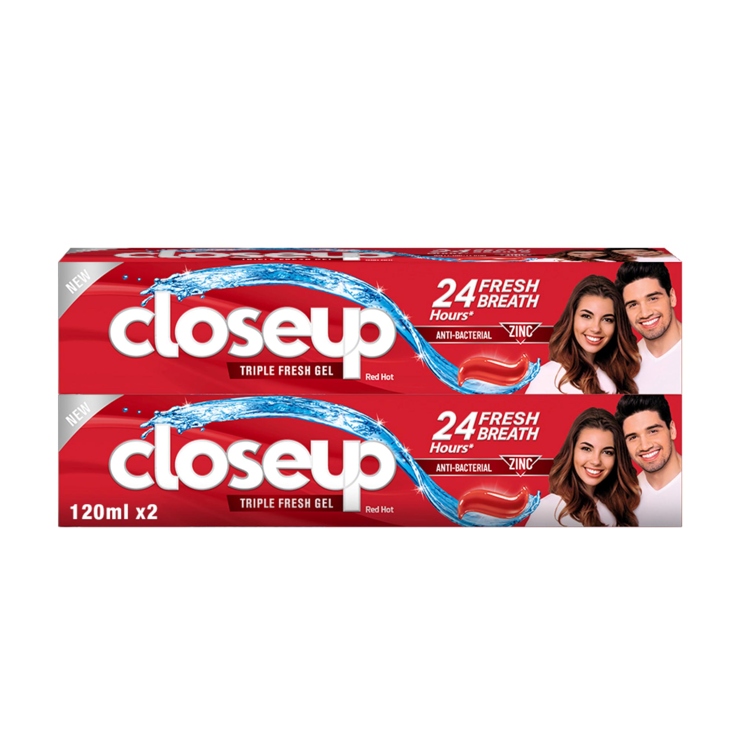 Closeup Triple Fresh Gel Toothpaste, Red Hot, for 24HR fresh breath, 120ml x 2