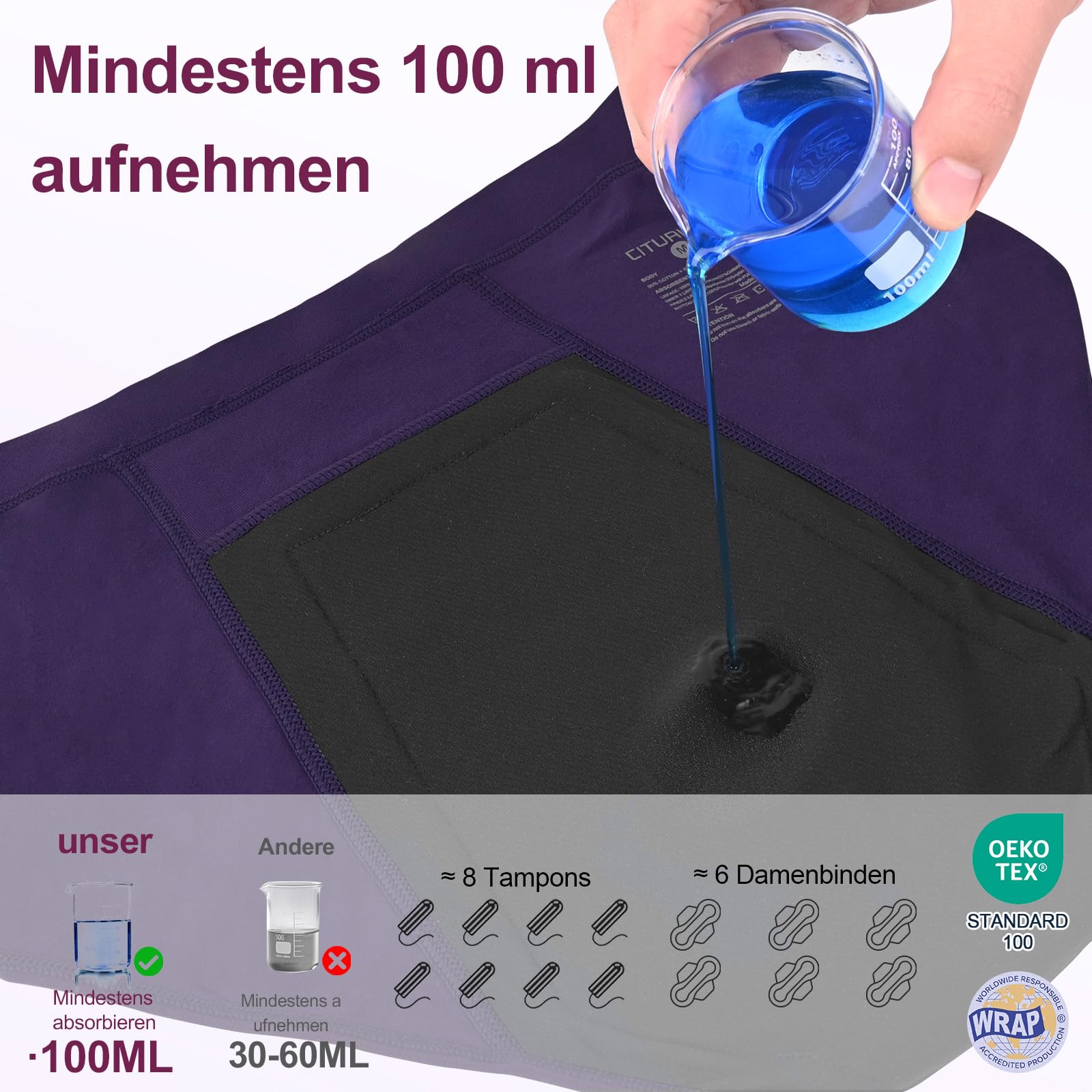 Inkontinenzunterwäsche für Damen, Saugfähigkeit 100 ml, auslaufsicher und waschbar Inkontinenz-Slip Periodenunterwäsche, Hoch taillierte Menstruationsslips für Nacht und aktive Nutzung,3er-Pack