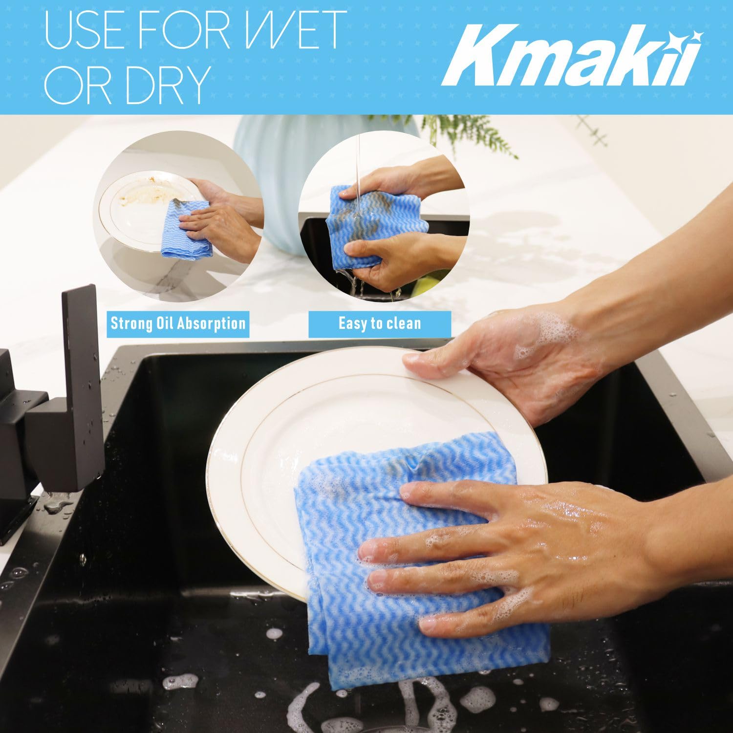 KMAKII Paquete de 80 paños desechables de limpieza reutilizables resistentes para cocina, 11.8 x 20 pulgadas, color azul