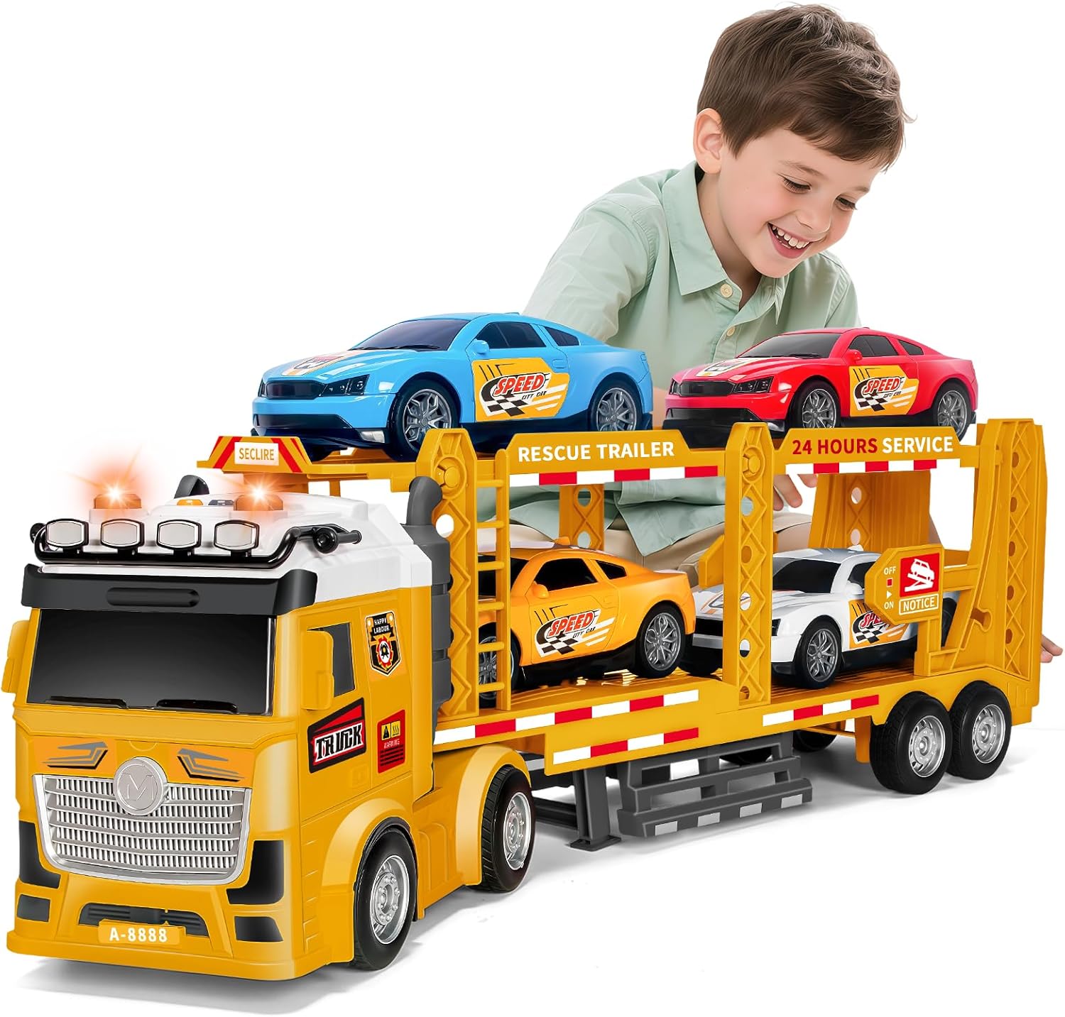 BainGesk Truck Toys Car for 3, 4, 5, 6, 8 Years Old Boys Girls, Adjustable Double Decker Car Carrier Truck with Light & Sound, Car Hauler with Trailer Toy, Large Semi Transport Toy Gifts for Toddler