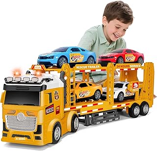 BainGesk Truck Toys Car for 3, 4, 5, 6, 8 Years Old Boys Girls, Adjustable Double Decker Car Carrier Truck with Light & Sound, Car Hauler with Trailer Toy, Large Semi Transport Toy Gifts for Toddler