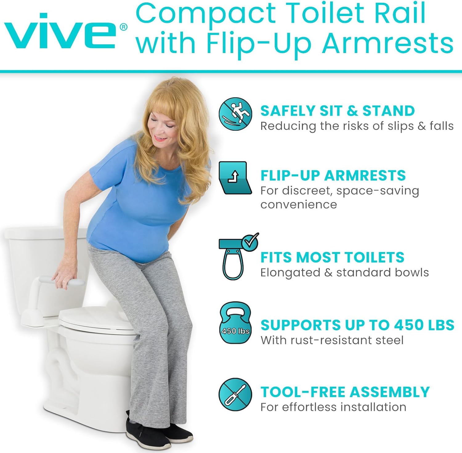 Woman using Vive Toilet Safety Rail to sit and stand