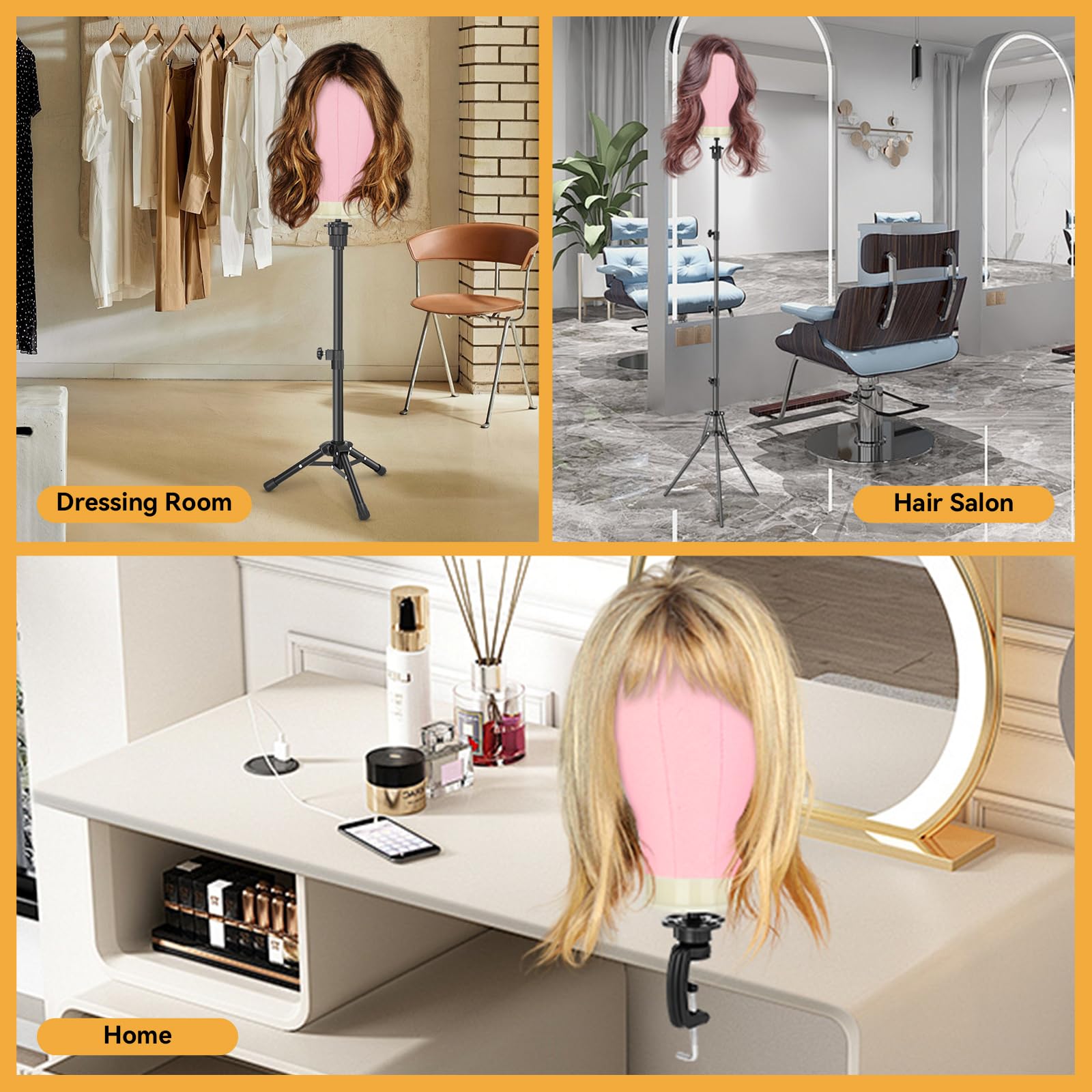 Wig Stand with Head 22", Height Adjustable Tripod Stand 30", Wig Head Stand with Pink Canvas Block Mannequin Head, Include Table Clamp Stand, Wig Caps, T Pins for Wigs Styling, Making & Display