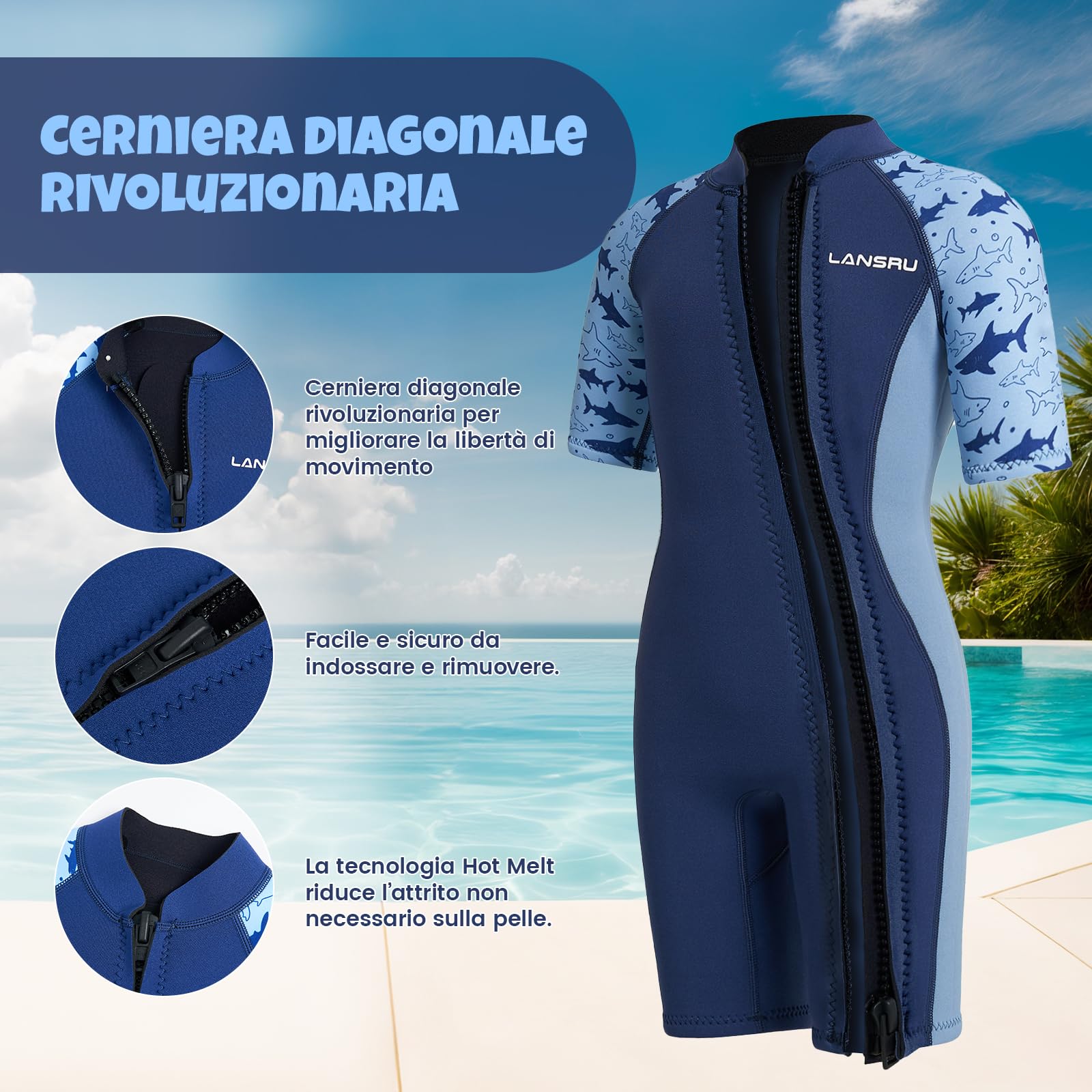 Muta in neoprene per bambini – 2,5 mm con materiale SCR migliorato, cerniera continua e protezione UV termica, per surf, nuoto e immersioni