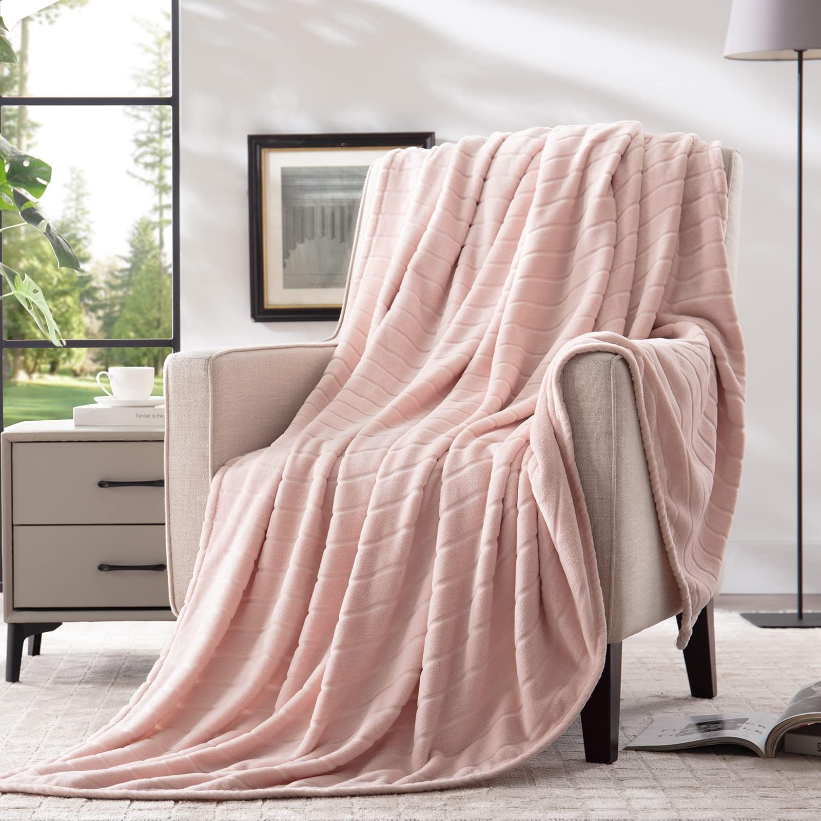 Bertte Plush Throw Super Soft Fuzzy Warm Blanket | 330 GSM Lightweight Fluffy Cozy Luxury Decorative Stripe Blanket for Bed Couch - 50"x 60", Pink
