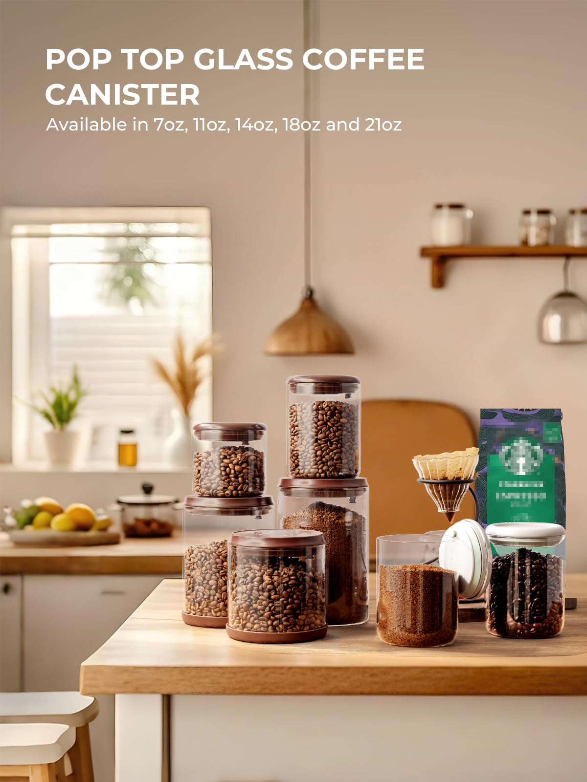 Recipiente de vidrio para café, 900 ml, 2 recipientes herméticos para almacenamiento de café, grandes recipientes de café molido con tapas, 300 g, color marrón