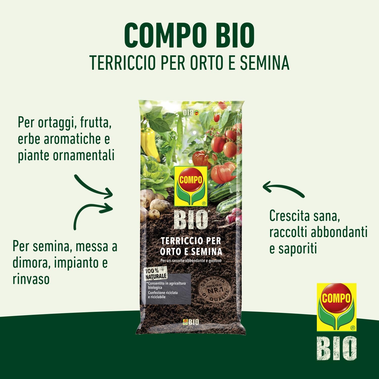 COMPO BIO Terriccio per orto e semina, Per colture orticole, frutticole e semina, 80 l