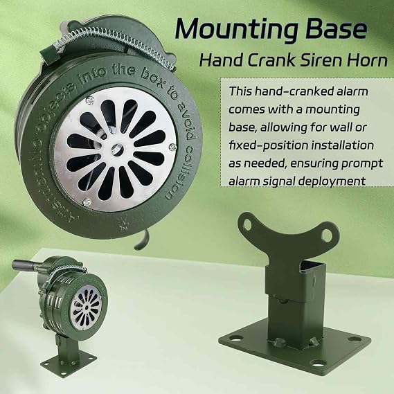 Base Mount Hand Crank Alarm Hand Crank Air Raid Siren – 110dB Loud Manual Emergency Alarm, Base/Table Mount Outdoor Warning Siren for Survival & Safety