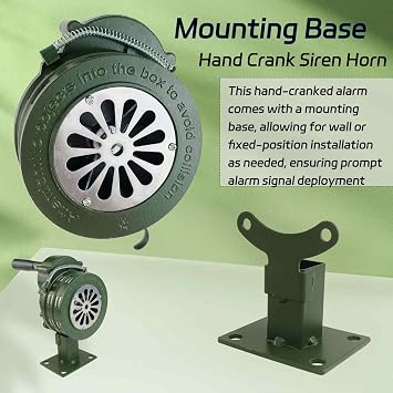 Base Mount Hand Crank Alarm Hand Crank Air Raid Siren – 110dB Loud Manual Emergency Alarm, Base/Table Mount Outdoor Warning Siren for Survival & Safety