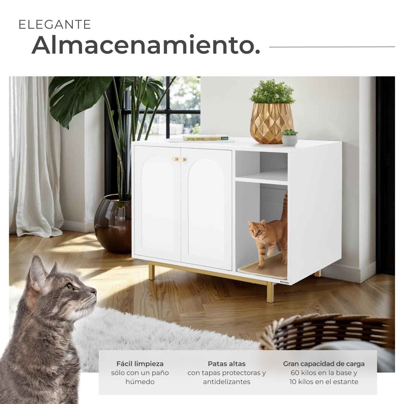 tectake® Mueble arenero Gatos 2 en 1 con Entrada Lateral y Puertas magnéticas, Compartimento Integrado, Alfombra arenero Gato, para Caja de Arena Gatos - Blanco/Dorado
